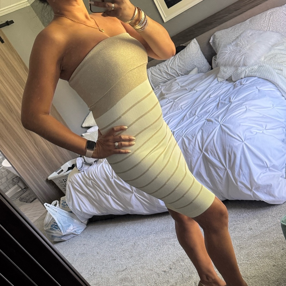 bebe Strapless Knit Bodycon Dress in Gold and Ivory